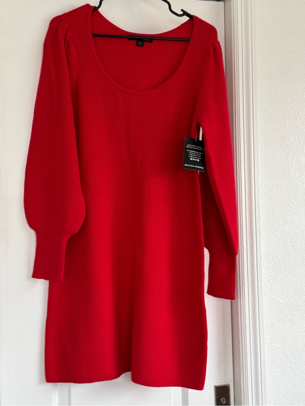 Boston Proper Red Ribbed Midi Dress with Balloon Sleeves